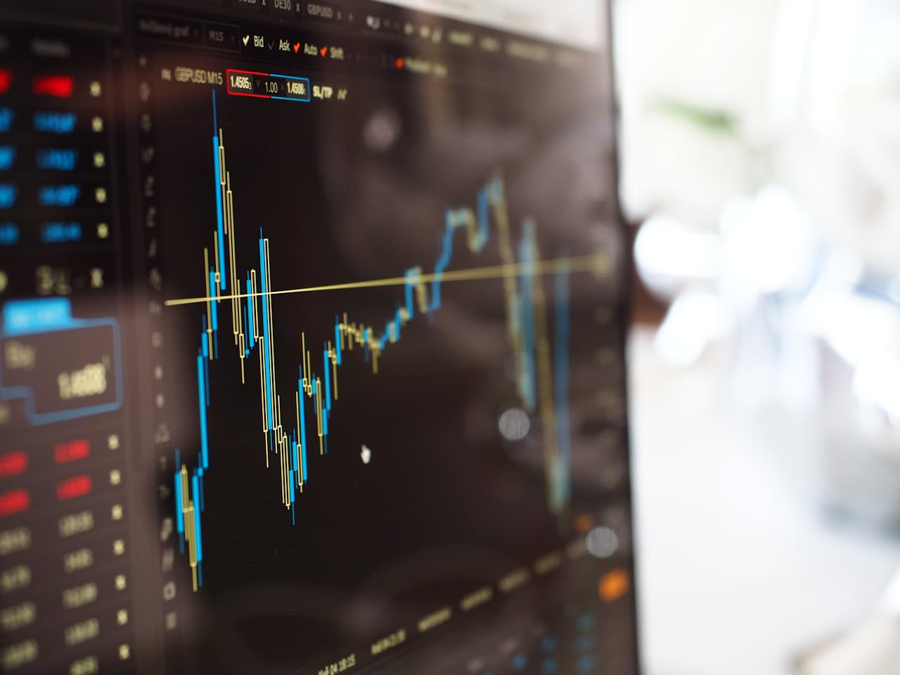mobile-02 Detailed view of financial trading graphs on a monitor, illustrating stock market trends.